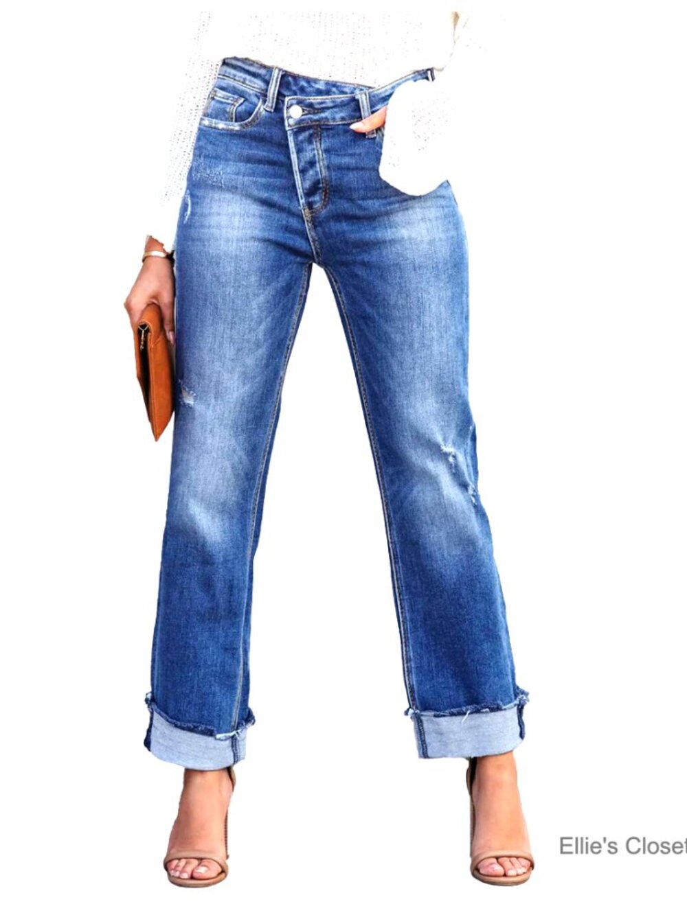 High Waisted Crossover Boyfriend Jeans Distressed Stretchy Denim Pants